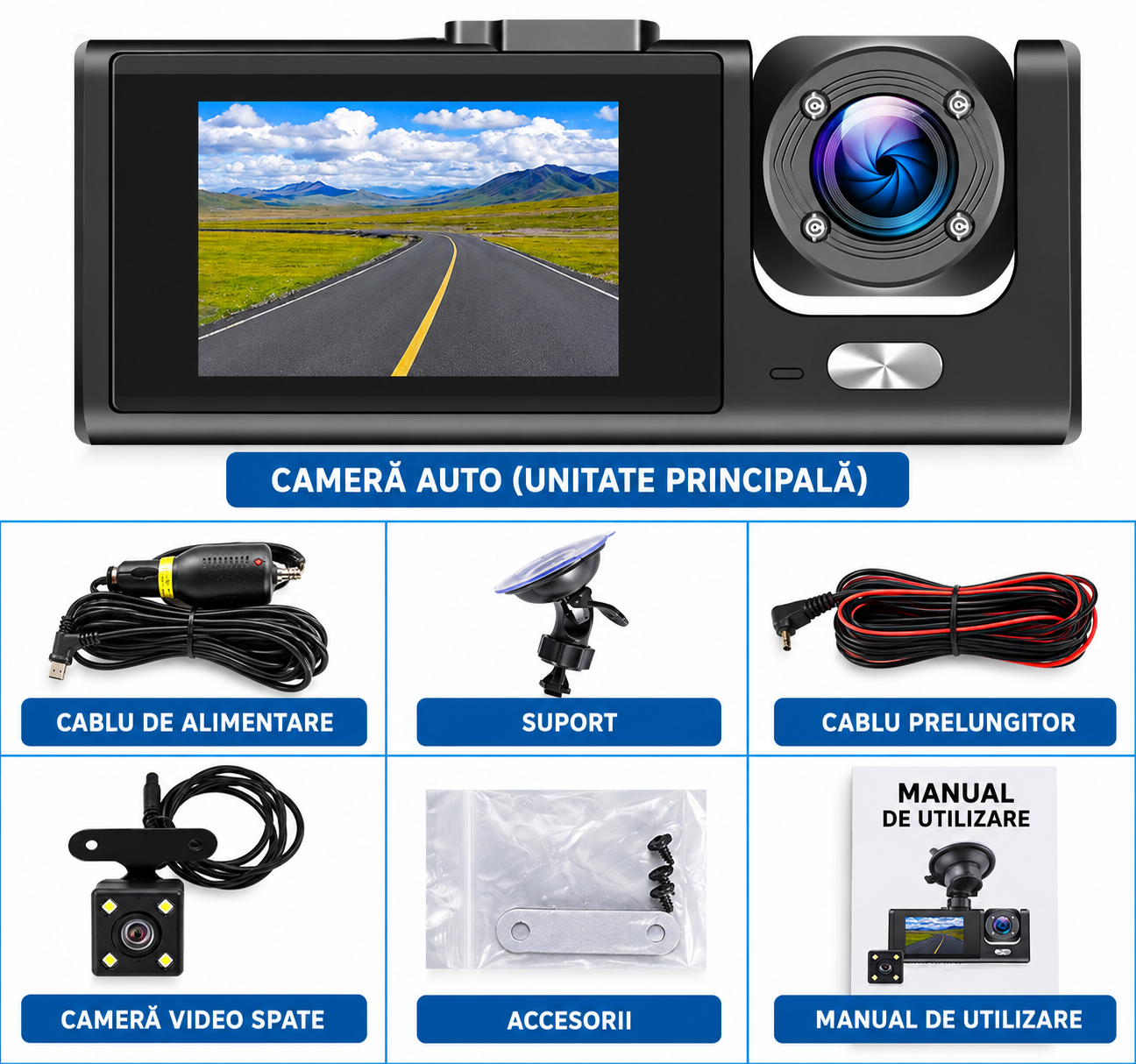 Camera Auto DVR Vehicle BlackBOX Dual Lens, Full HD 1080P, Unghi 170°, Ecran 2″, G-Sensor, Înregistrare în Buclă, Cameră Față + Spate