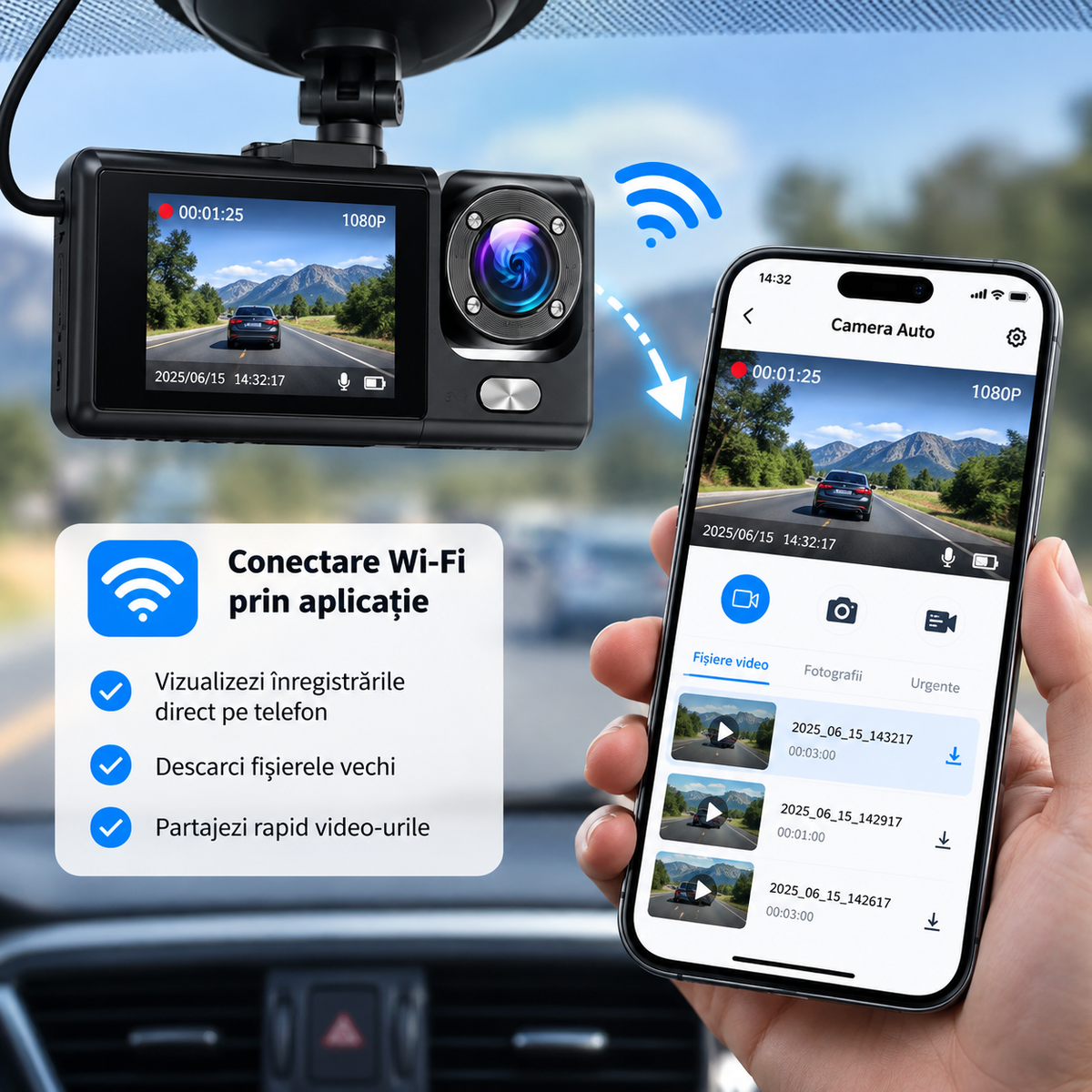 Camera Auto DVR Vehicle BlackBOX Dual Lens, Full HD 1080P, Unghi 170°, Ecran 2″, G-Sensor, Înregistrare în Buclă, Cameră Față + Spate