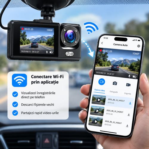 Camera Auto DVR Vehicle BlackBOX Dual Lens, Full HD 1080P, Unghi 170°, Ecran 2″, G-Sensor, Înregistrare în Buclă, Cameră Față + Spate